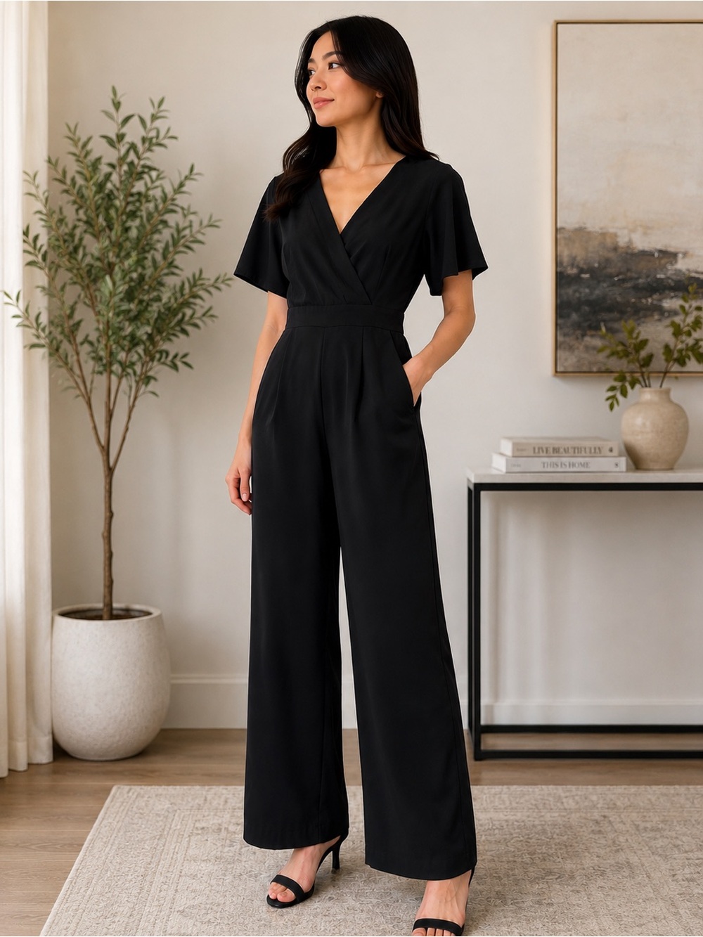 LOFT Petite Black Flutter Sleeve Wide Leg Jumpsuit Size 0P